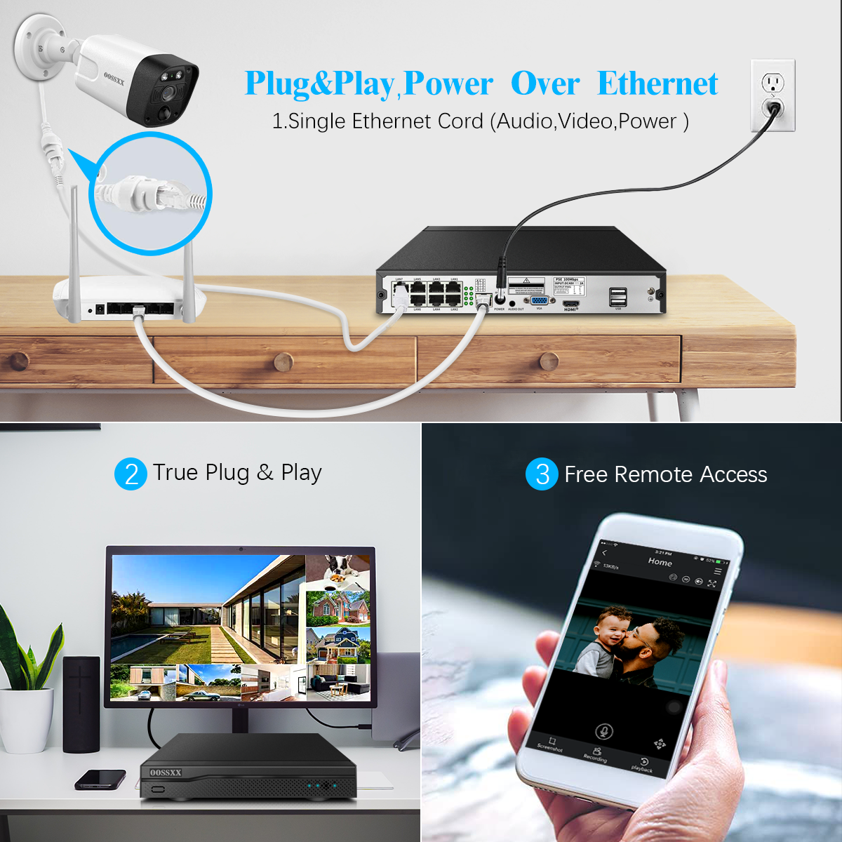 OOSSXX 4K PIR POE-Erweiterungskamera für Videoüberwachung im Innen- und Außenbereich, wasserdichte kabelgebundene POE-Kamera, IP-4K-8MP-Heimkamera, Nachtsicht, erweitern Sie einfach die POE-Kits