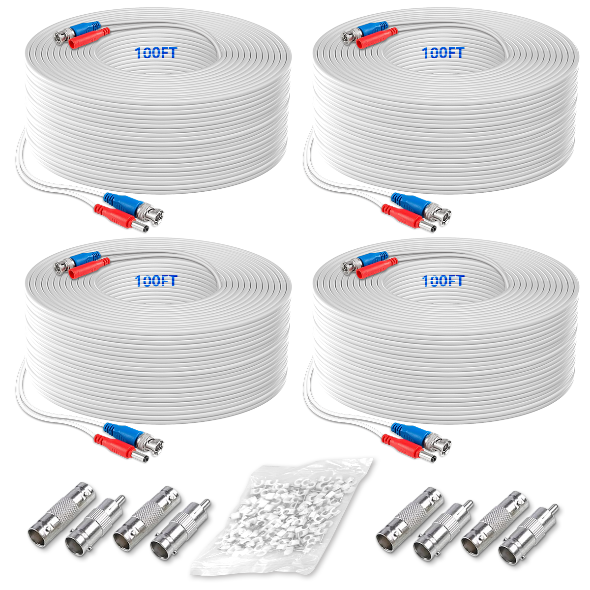 OOSSXX 4 Pack 100 Feet Video Power Cable BNC Extension Outdoor Wired Surveillance Camera All-in-One Cables for CCTV Security Cameras DVR System with 4xBNC Connectors and 4xRCA Adapters
