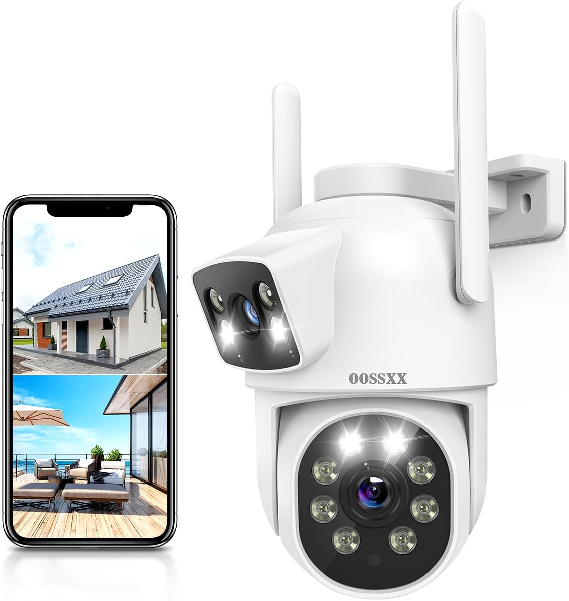 OOSSXX (Dual Lens & 2-Way Audio) Security Cameras Outdoor System Wireless WiFi PTZ Camera for Home Surveillance Indoor Video Color Night Vision House Door Monitor Alarm Waterproof