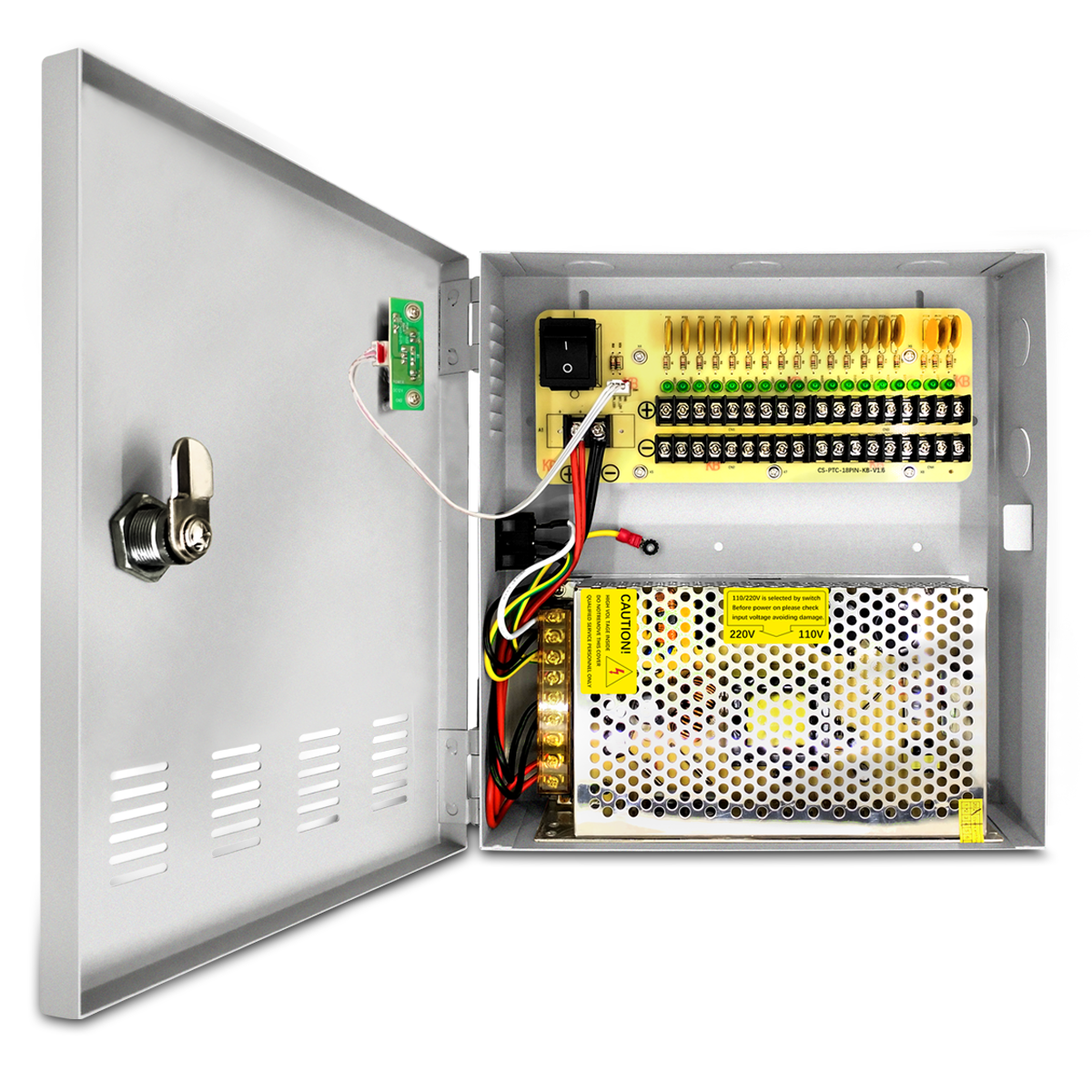 18-Kanal, 12 Volt DC-Ausgang, 20 A, CCTV-Verteilnetzteilbox für Überwachungskameras mit AC-Stecker und Schloss für Überwachungskameras, DVRs, CCTV-Stromversorgung (20 A, 18 Kanäle)