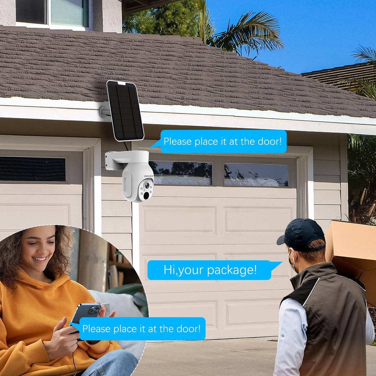 OOSSXX (PT Digital Zoom 100% Wire-Free) 2-Way Audio Wireless Solar Cameras, Solar Battery PIR Detection Outdoor Wireless Security Camera System Video Surveillance System