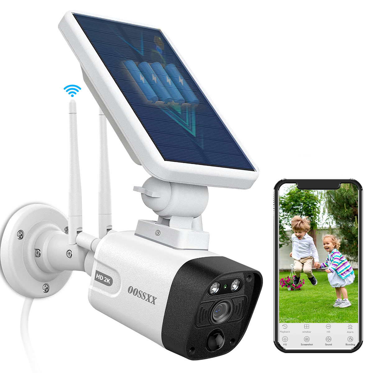 OOSSXX Solar Security Camera Outdoor Wireless Solar Powered Wireless Camera with Rechargeable Battery, WiFi Home Surveillance Camera 4.0MP with Two Way Audio