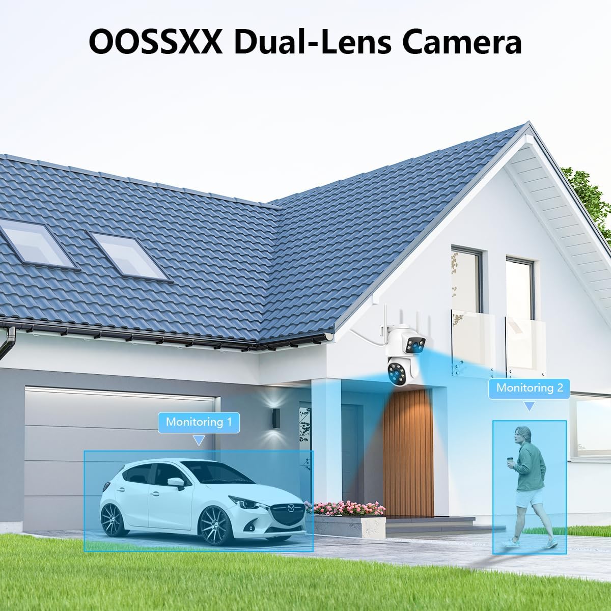 OOSSXX (Dual Lens & 2-Way Audio) Security Cameras Outdoor System Wireless WiFi PTZ Camera for Home Surveillance Indoor Video Color Night Vision House Door Monitor Alarm Waterproof