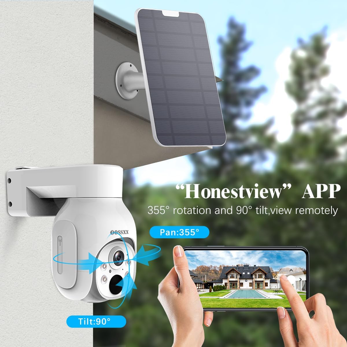 OOSSXX (PT Digital Zoom 100% Wire-Free) 2-Way Audio Wireless Solar Cameras, Solar Battery PIR Detection Outdoor Wireless Security Camera System Video Surveillance System