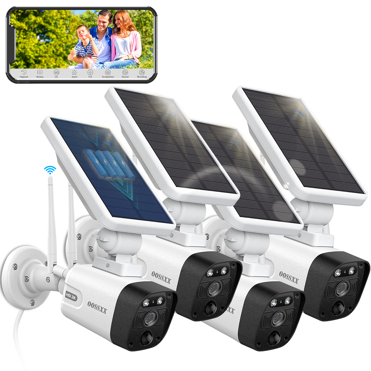 OOSSXX Solar Security Camera Outdoor Wireless Solar Powered Wireless Camera with Rechargeable Battery, WiFi Home Surveillance Camera 4.0MP with Two Way Audio (4MP 4 Packs)