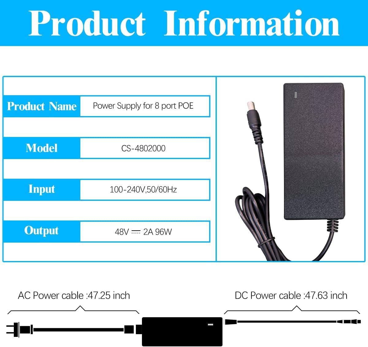 48 V 2 A Netzteiladapter kompatibel mit 8-Port-POE-NVR, AC 100–240 V auf DC 48 V 2 A Netzteil-Ladegerät NUR für OOSSXX-Sicherheitskamera