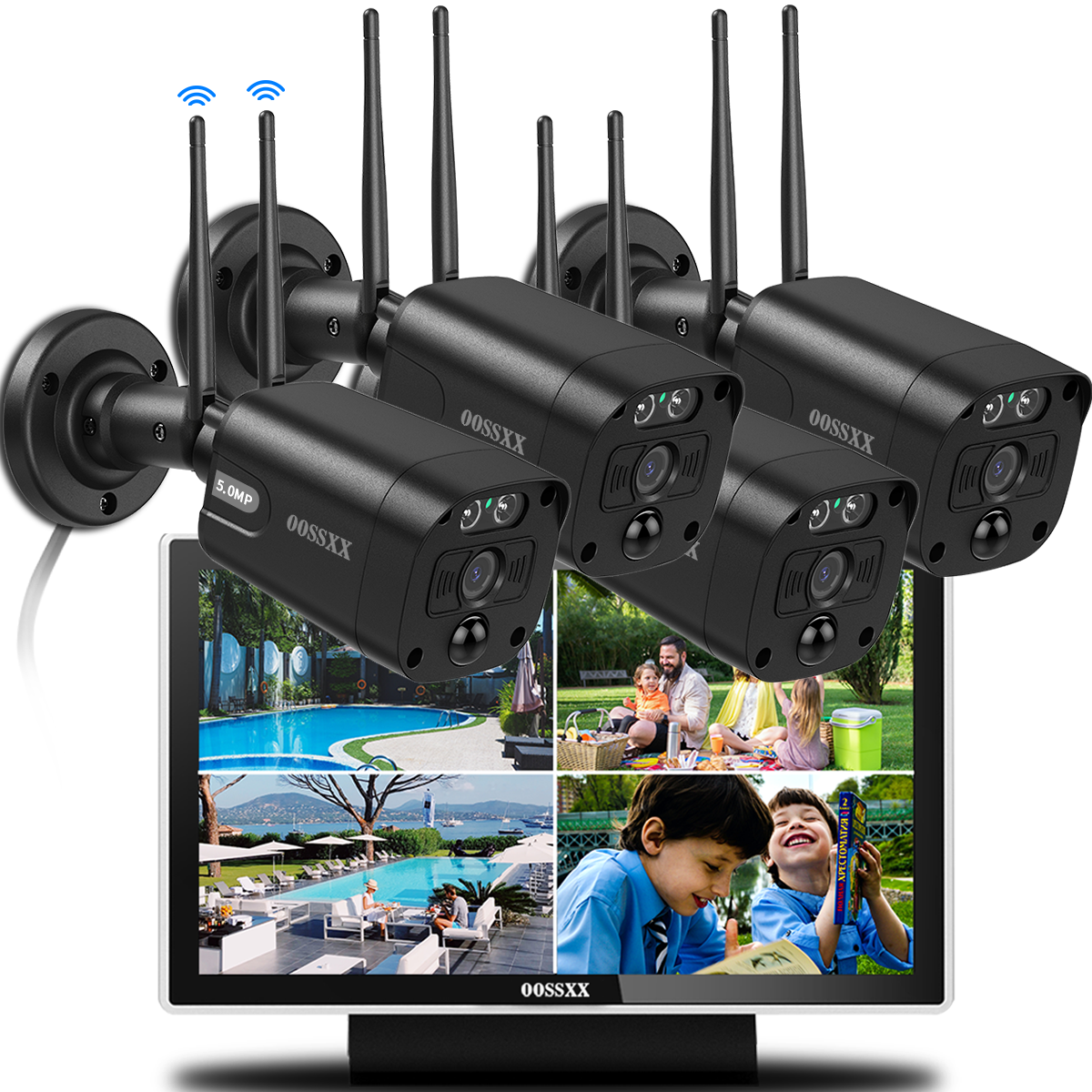 OOSSXX (2-Wege-Audio und PIR-Erkennung) 5MP-Sicherheitskamerasystem mit zwei Antennen für den Außenbereich, kabelloses WiFi-Sicherheitssystem für zu Hause, 3K-Videoüberwachung