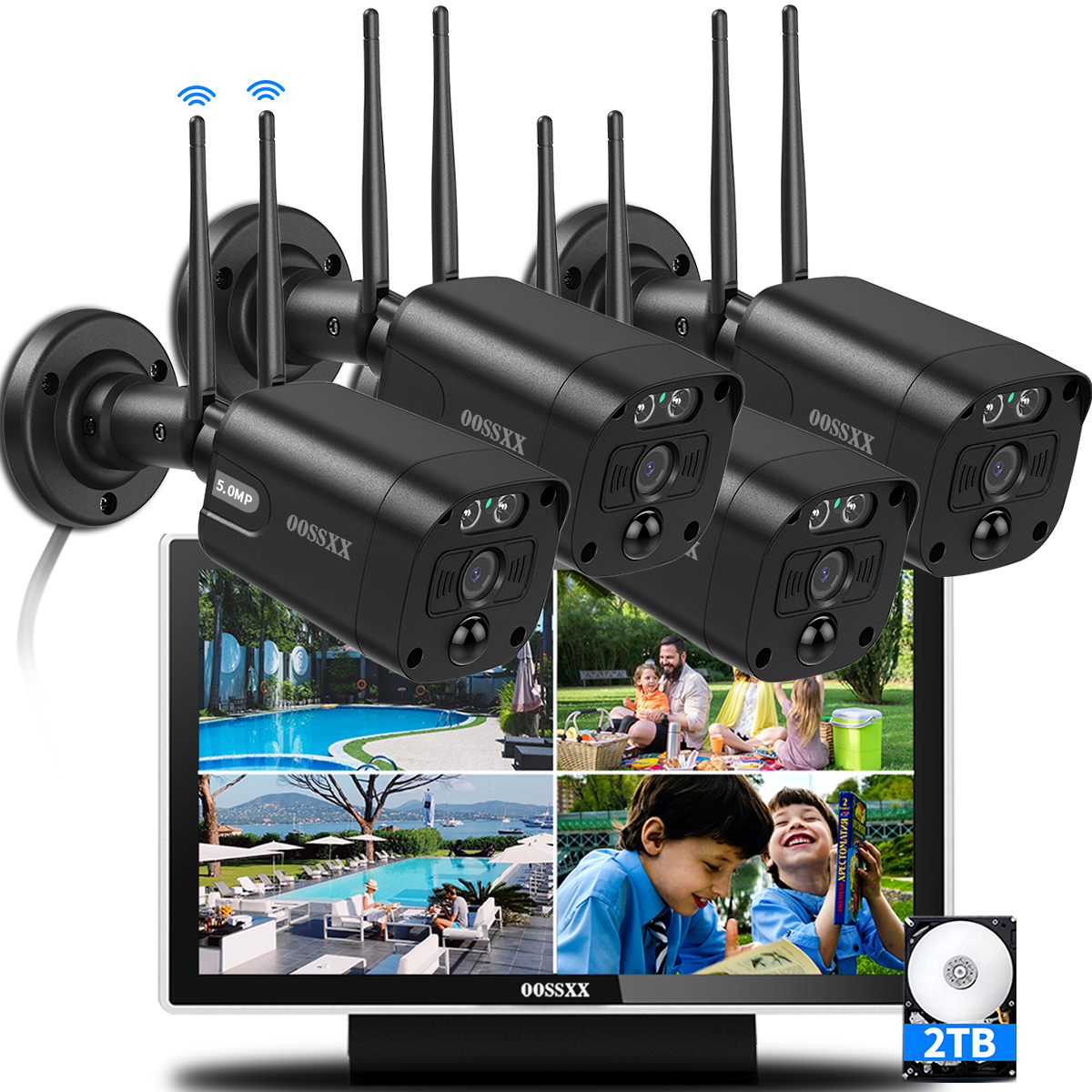 OOSSXX (2-Wege-Audio und PIR-Erkennung) 5MP-Sicherheitskamerasystem mit zwei Antennen für den Außenbereich, kabelloses WiFi-Sicherheitssystem für zu Hause, 3K-Videoüberwachung