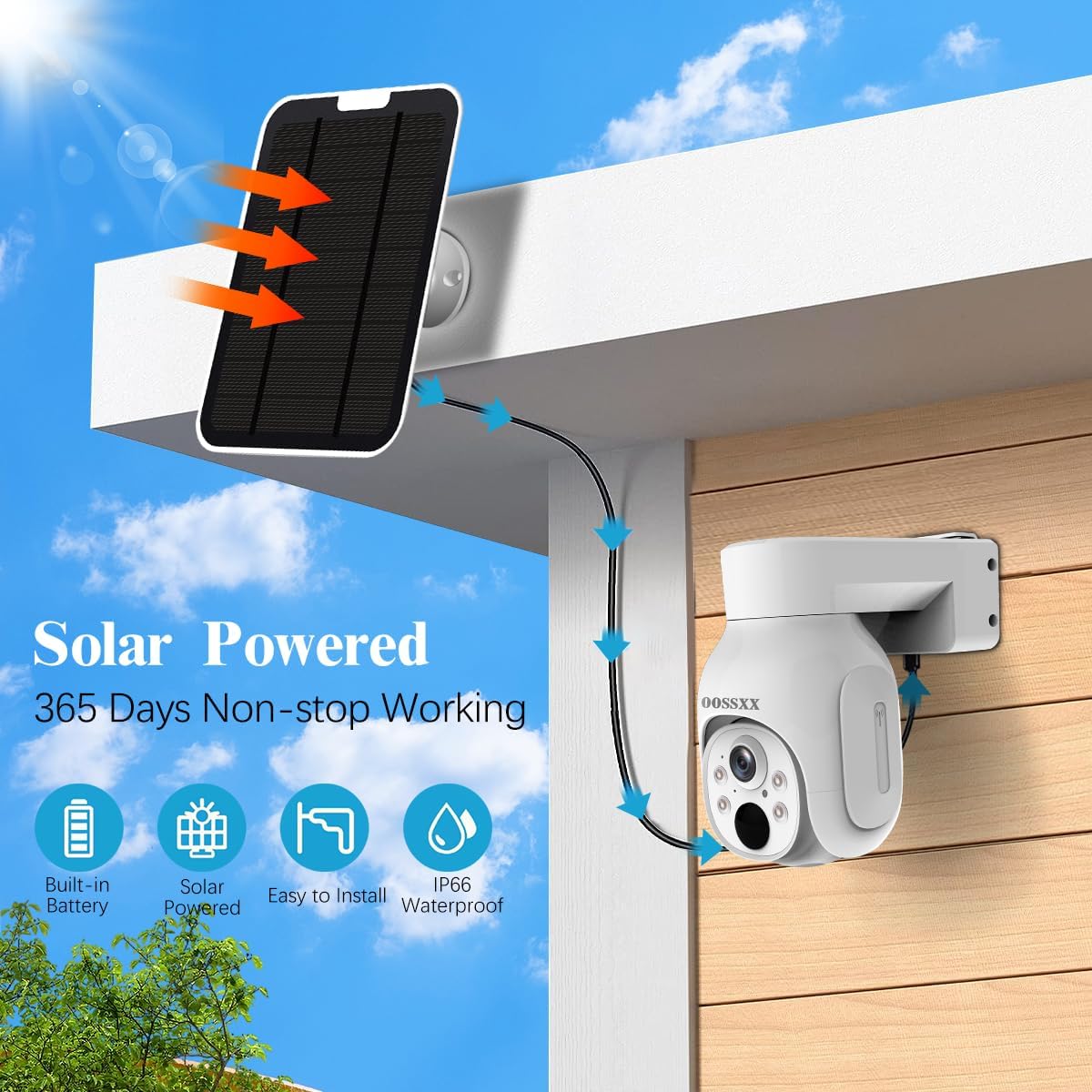 OOSSXX (PT Digital Zoom 100% Wire-Free) 2-Way Audio Wireless Solar Cameras, Solar Battery PIR Detection Outdoor Wireless Security Camera System Video Surveillance System