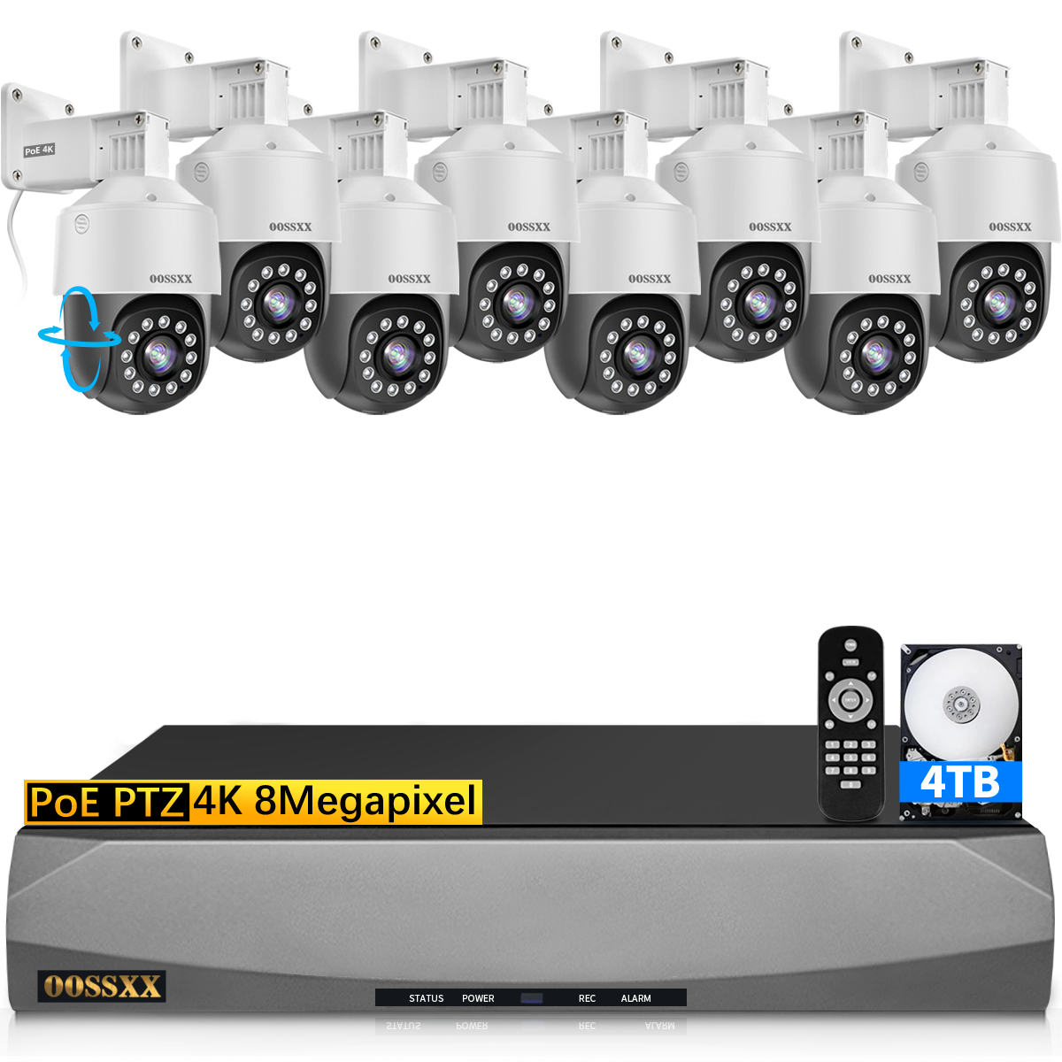 OOSSXX (4K/8,0 Megapixel und PTZ-Digitalzoom) 2-Wege-Audio-PoE-Sicherheitskamerasystem für den Außenbereich, kabelgebundenes IP-Kamerasystem zur Videoüberwachung im Außenbereich