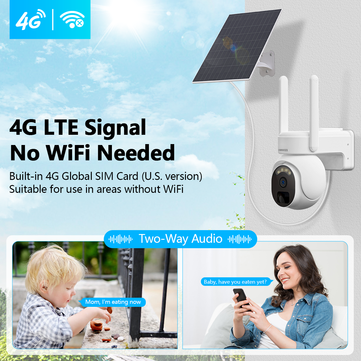 OOSSXX 4G LTE Cellular Security Camera, Wireless Outdoor Solar-Powered Camera with 4MP Indoor PTZ WiFi, PIR Motion Detection, 2-Way Audio, and SIM Card Included for Home Security Systems.