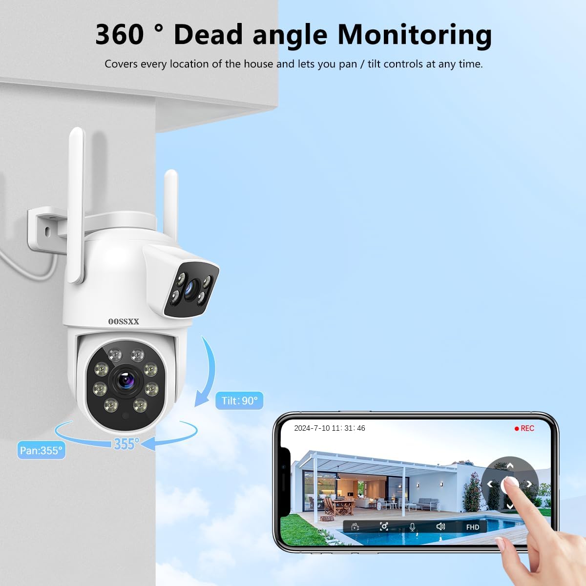 OOSSXX (Dual Lens & 2-Way Audio) Security Cameras Outdoor System Wireless WiFi PTZ Camera for Home Surveillance Indoor Video Color Night Vision House Door Monitor Alarm Waterproof