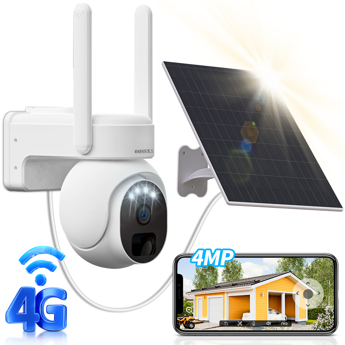 OOSSXX 4G LTE Cellular Security Camera, Wireless Outdoor Solar-Powered Camera with 4MP Indoor PTZ WiFi, PIR Motion Detection, 2-Way Audio, and SIM Card Included for Home Security Systems.