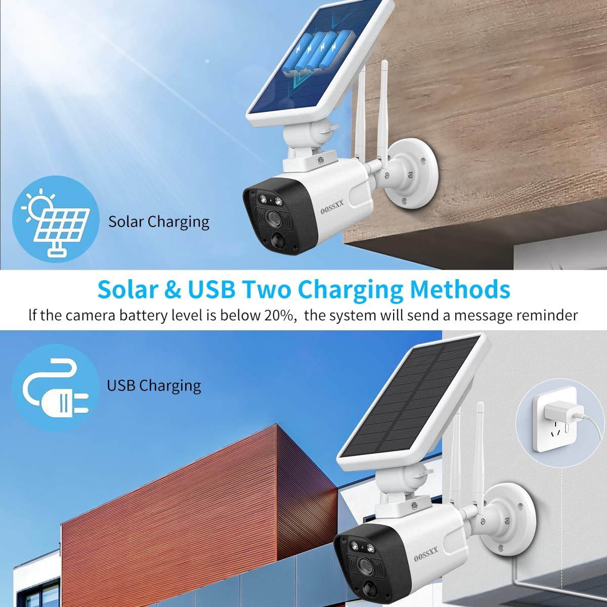 OOSSXX (100% Wire-Free Wireless Solar Cameras) 2-Way Audio 2-Antennas Enhance Battery Outdoor Wireless Security Camera System WiFi Battery Video Surveillance System