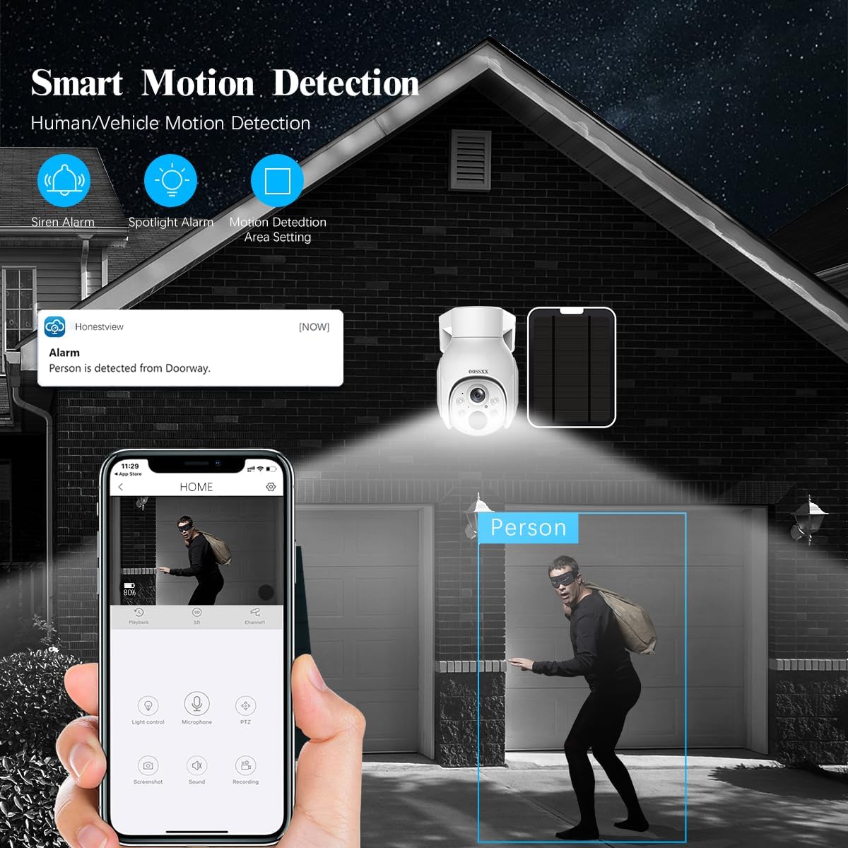OOSSXX (PT Digital Zoom 100% Wire-Free) 2-Way Audio Wireless Solar Cameras, Solar Battery PIR Detection Outdoor Wireless Security Camera System Video Surveillance System