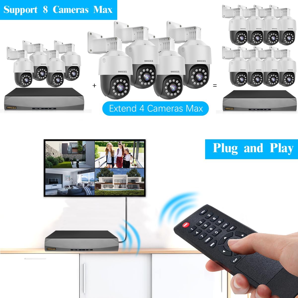 OOSSXX (4K/8,0 Megapixel und PTZ-Digitalzoom) 2-Wege-Audio-PoE-Sicherheitskamerasystem für den Außenbereich, kabelgebundenes IP-Kamerasystem zur Videoüberwachung im Außenbereich