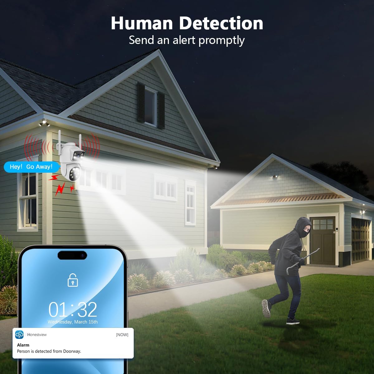 OOSSXX (Dual Lens & 2-Way Audio) Security Cameras Outdoor System Wireless WiFi PTZ Camera for Home Surveillance Indoor Video Color Night Vision House Door Monitor Alarm Waterproof