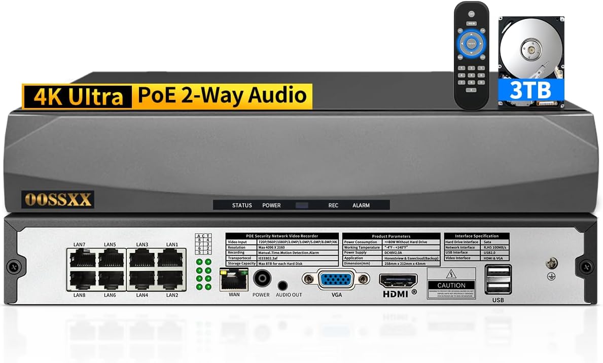 8,0/4K Megapixel 8-Kanal POE NVR Netzwerk-Videorecorder, unterstützt bis zu 8 x 8MP/4K IP-Kameras, max. 8 TB Festplatte (HDD nicht im Lieferumfang enthalten)