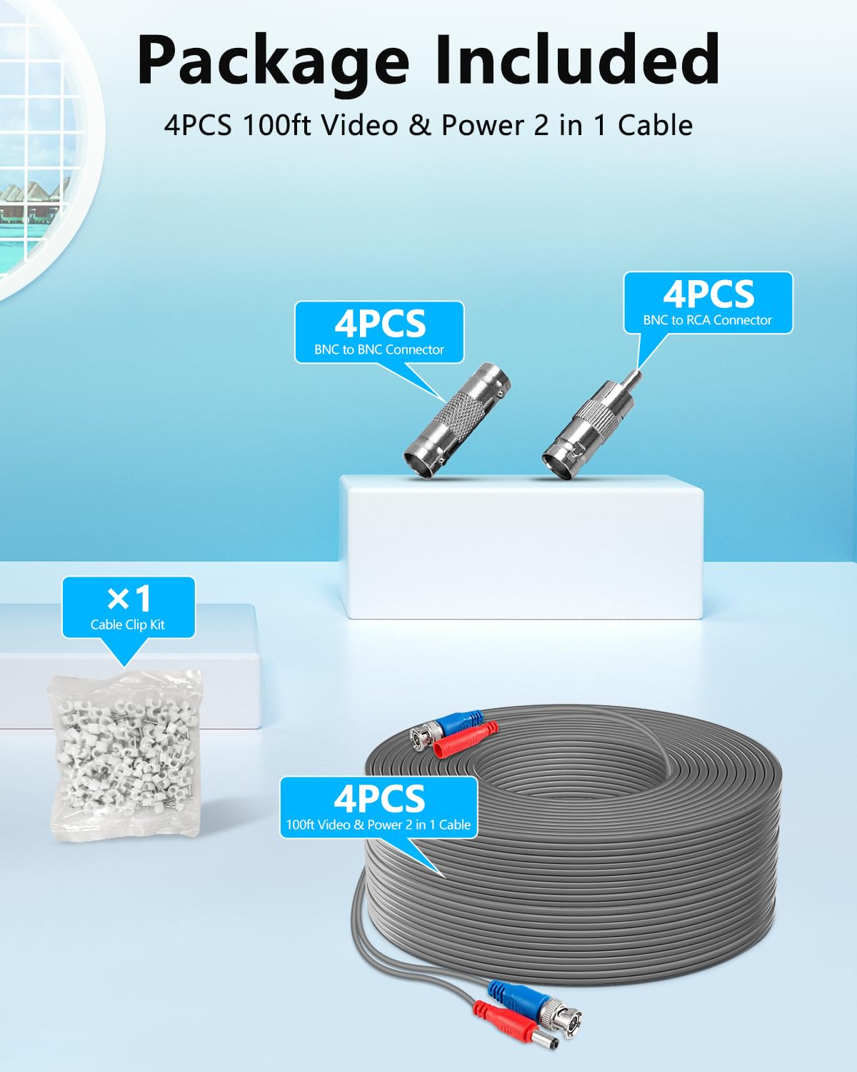 OOSSXX Video Power Cable BNC Extension All-in-One Cables for CCTV Security Cameras, Outdoor Wired Surveillance Camera DVR System with 4xBNC Connectors and 4xRCA Adapters 4 Pack 100 Feet, Grey