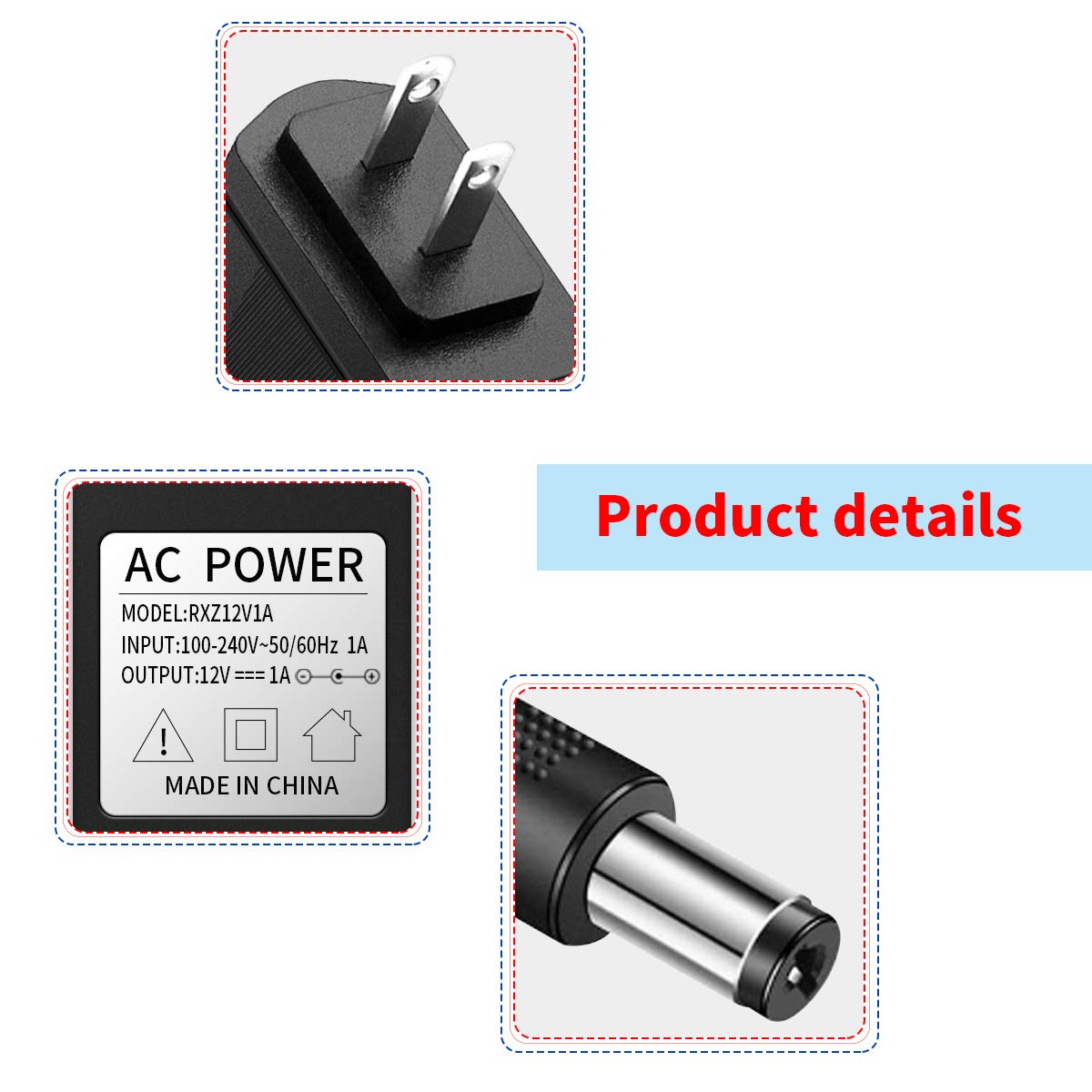 (AC zu DC 10ft Kabel)110-240V AC zu 12V DC 1A Netzteil für Überwachungskamera