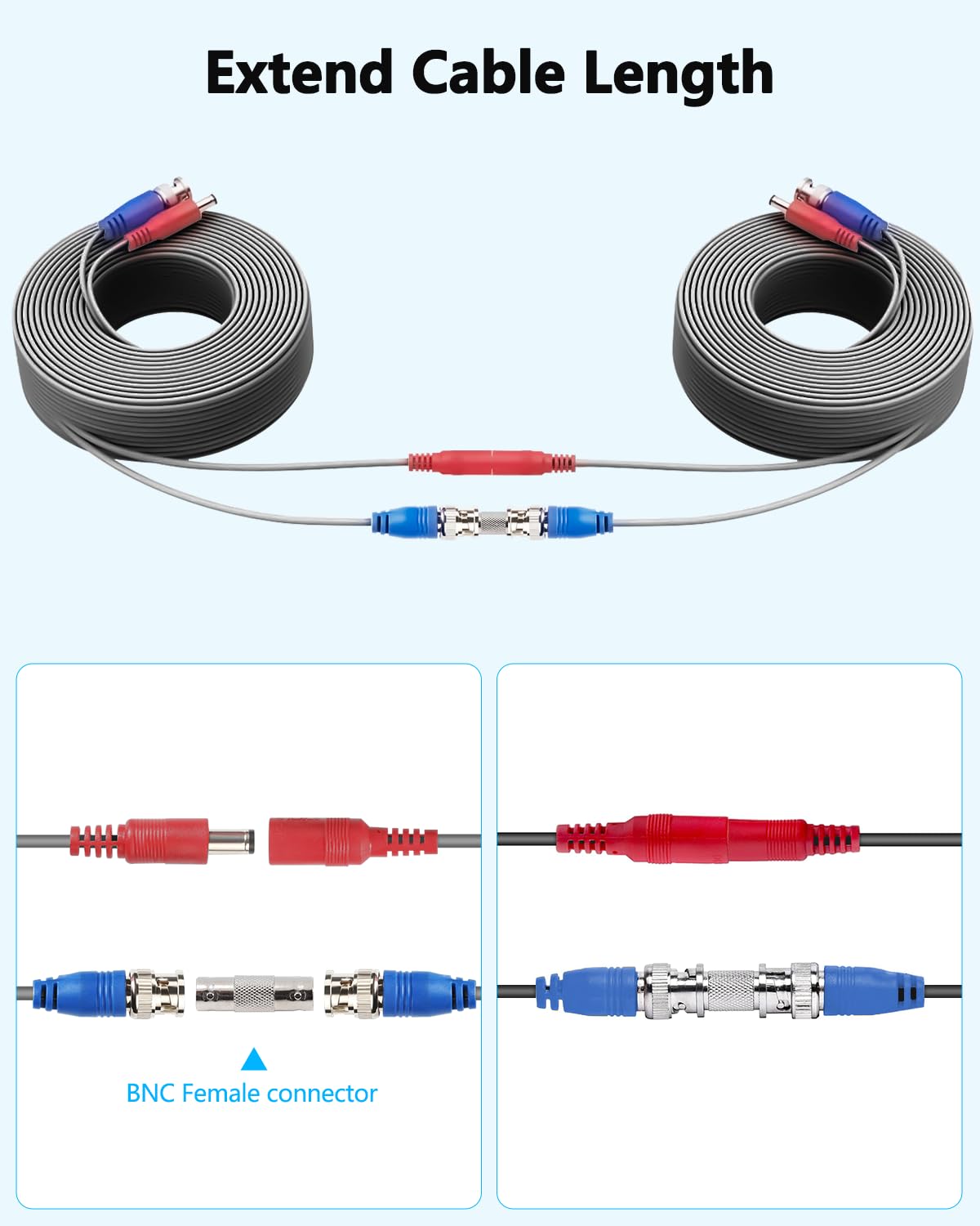 OOSSXX Video Power Cable BNC Extension All-in-One Cables for CCTV Security Cameras, Outdoor Wired Surveillance Camera DVR System with 4xBNC Connectors and 4xRCA Adapters 4 Pack 100 Feet, Grey
