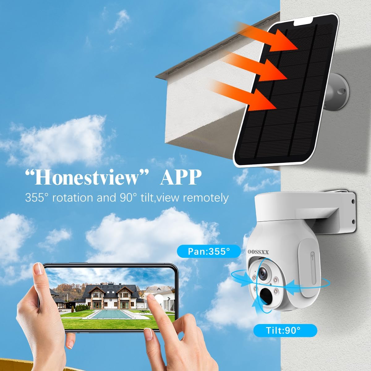 OOSSXX Solar-Überwachungskamera für den Außenbereich, kabellos, solarbetrieben, kabellose Kamera mit wiederaufladbarem Akku, WiFi-Heimüberwachungskamera 4,0 MP mit Zwei-Wege-Audio