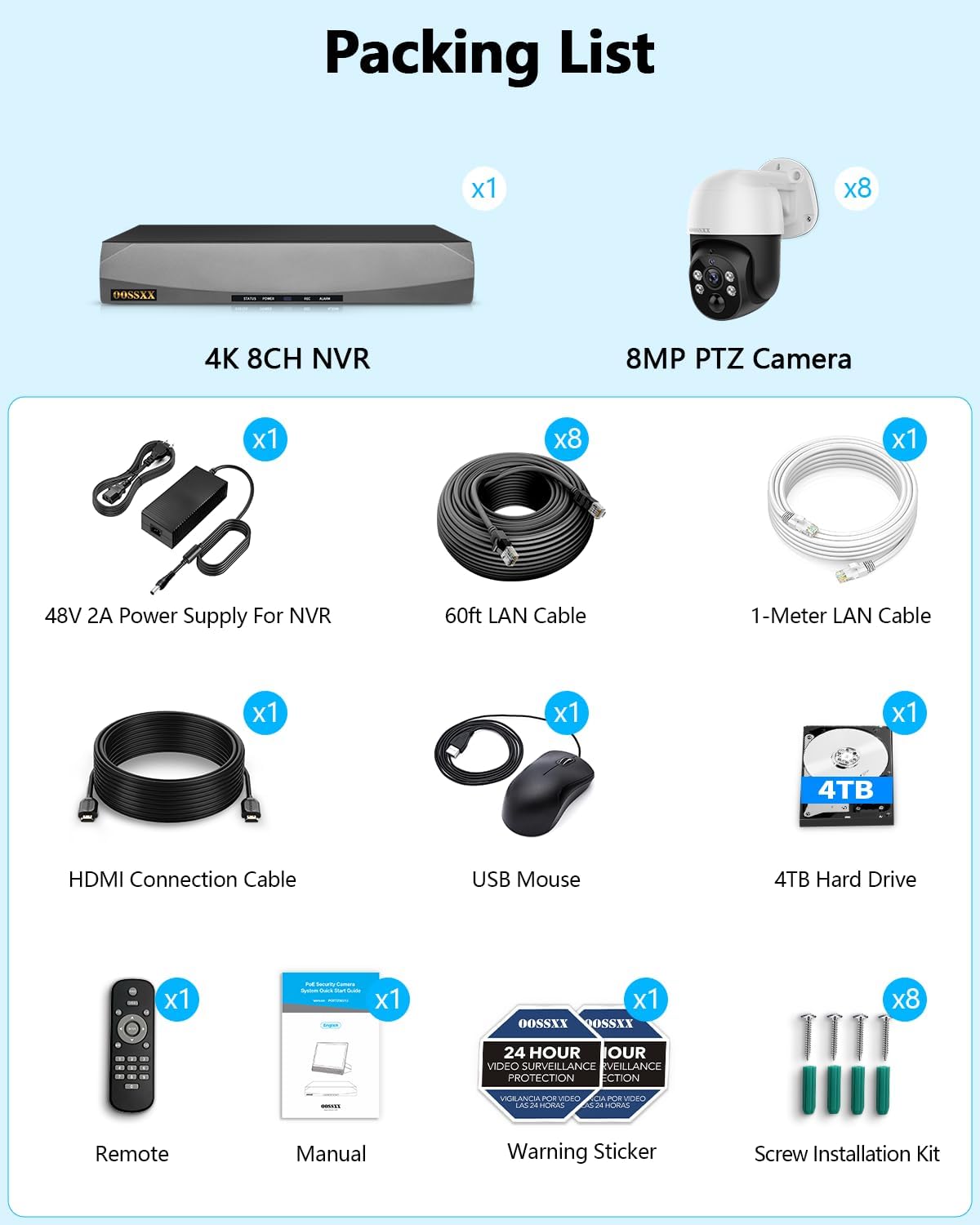 OOSSXX (4K/8.0 Megapixel & PTZ Digital Zoom) 2-Way Audio PoE Outdoor Home Security Camera System Wired Outdoor Video Surveillance IP Cameras System (Enjoy $20 Off Instantly)