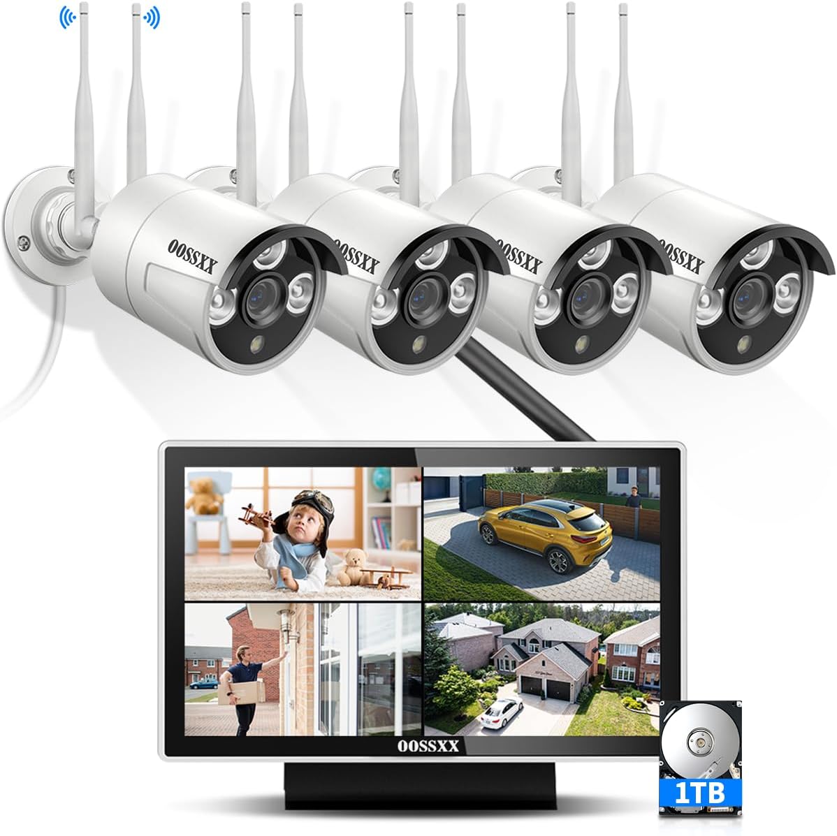 (All-in-One-Monitor) 2-Antennen-Enchance-Sicherheitskamerasystem für den Außenbereich, kabellos, mit Monitor, WiFi-Heimüberwachungssystem, 3,0 MP Videoüberwachung