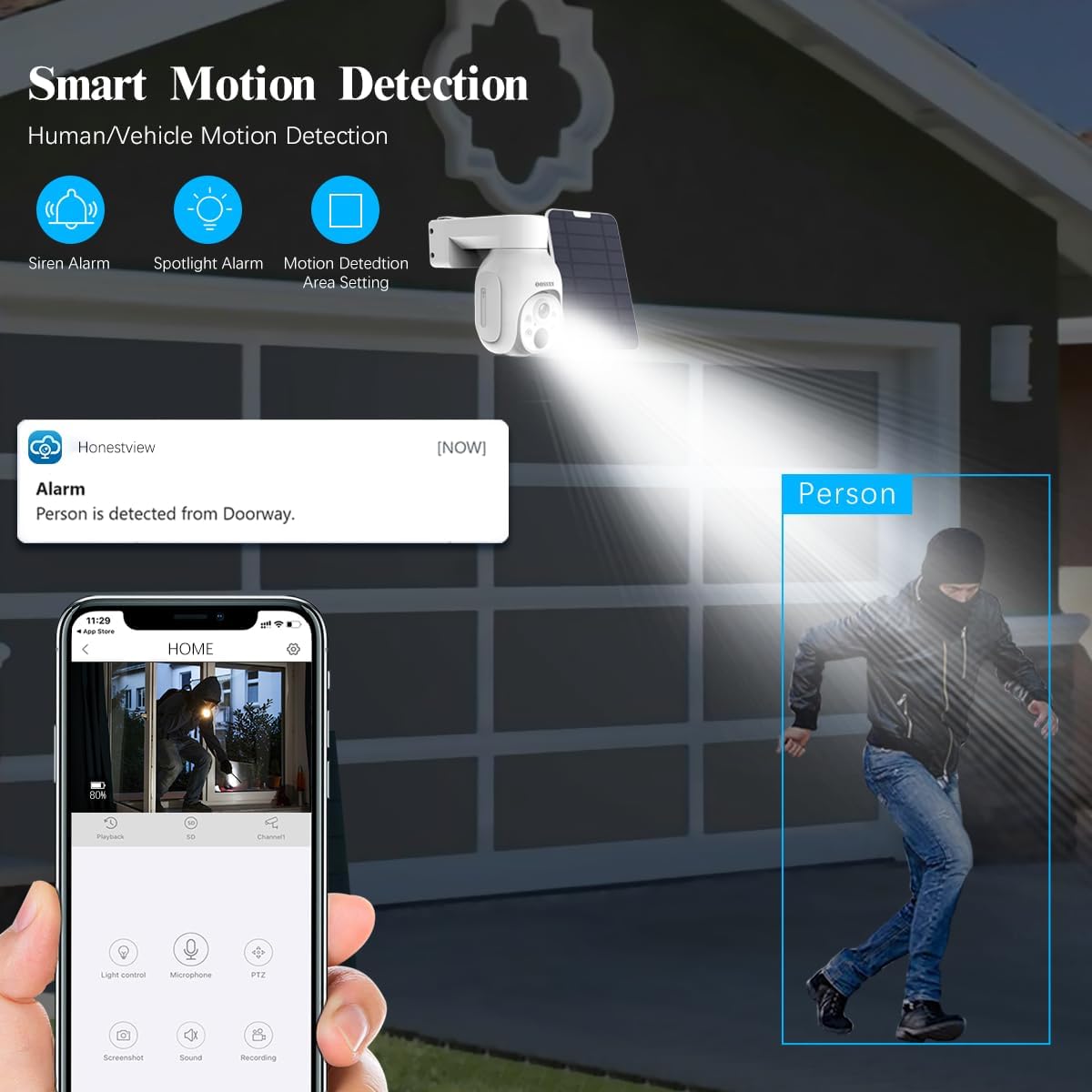OOSSXX Solar-Überwachungskamera für den Außenbereich, kabellos, solarbetrieben, kabellose Kamera mit wiederaufladbarem Akku, WiFi-Heimüberwachungskamera 4,0 MP mit Zwei-Wege-Audio