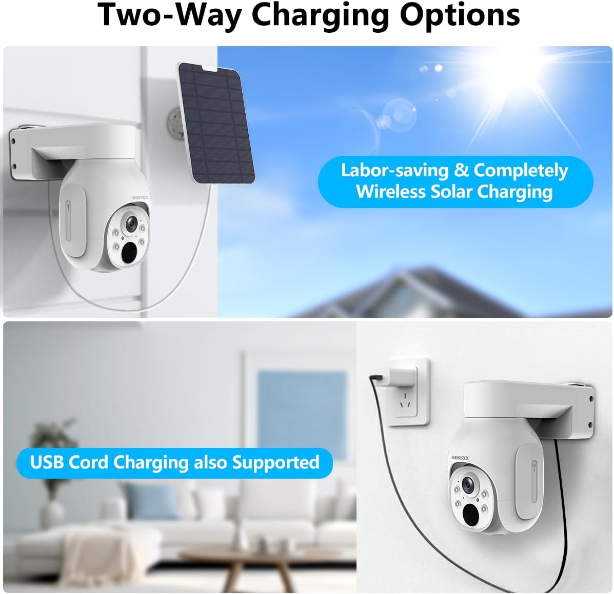 OOSSXX Solar-Überwachungskamera für den Außenbereich, kabellos, solarbetrieben, kabellose Kamera mit wiederaufladbarem Akku, WiFi-Heimüberwachungskamera 4,0 MP mit Zwei-Wege-Audio