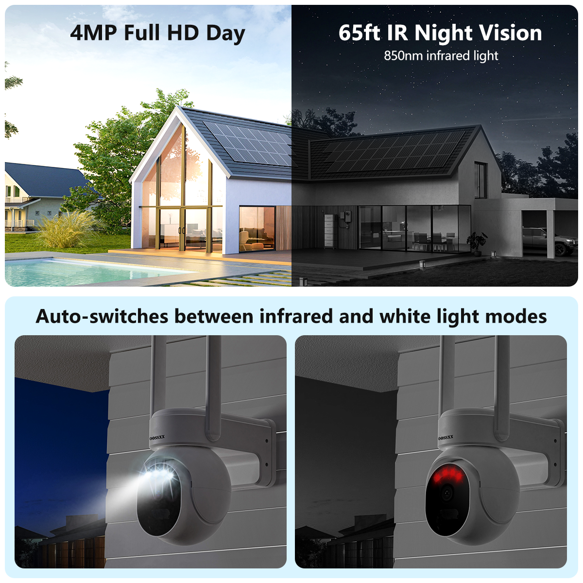 OOSSXX 4G LTE Cellular Security Camera, Wireless Outdoor Solar-Powered Camera with 4MP Indoor PTZ WiFi, PIR Motion Detection, 2-Way Audio, and SIM Card Included for Home Security Systems.