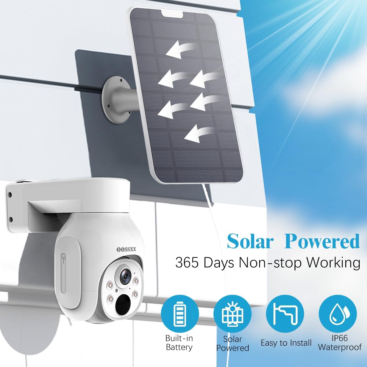 OOSSXX (PT Digital Zoom 100% Wire-Free) 2-Way Audio Wireless Solar Cameras, Solar Battery PIR Detection Outdoor Wireless Security Camera System Video Surveillance System