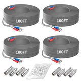 Load image into Gallery viewer, OOSSXX Video Power Cable BNC Extension All-in-One Cables for CCTV Security Cameras, Outdoor Wired Surveillance Camera DVR System with 4xBNC Connectors and 4xRCA Adapters 4 Pack 100 Feet, Grey