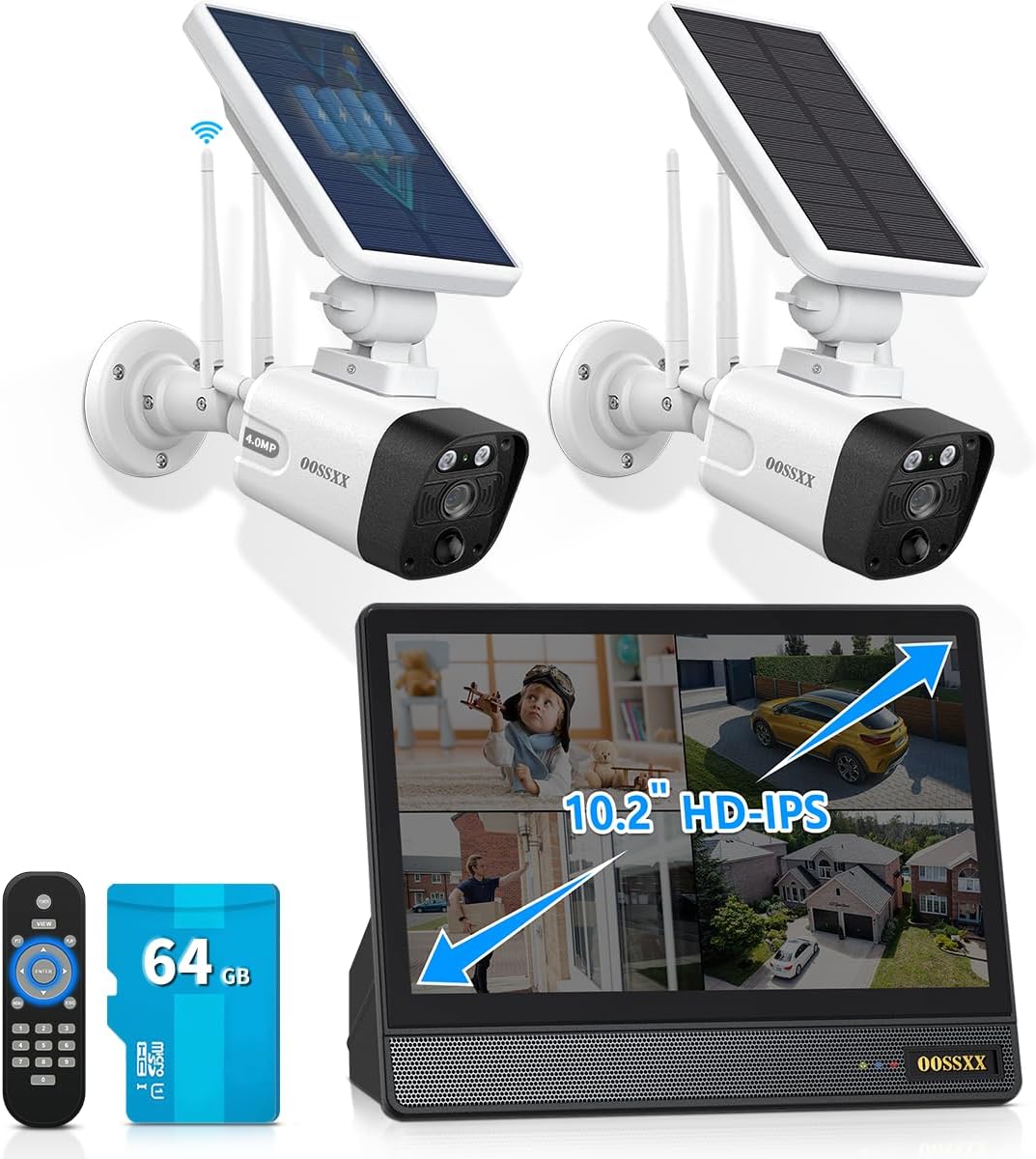 OOSSXX (Solar Power Battery 100% Wire-Free) All-in-one Monitor 2-Way Audio Solar Powered Security Camera System with Monitor Outdoor Wireless Home Security System WiFi Cameras Surveillance Systems