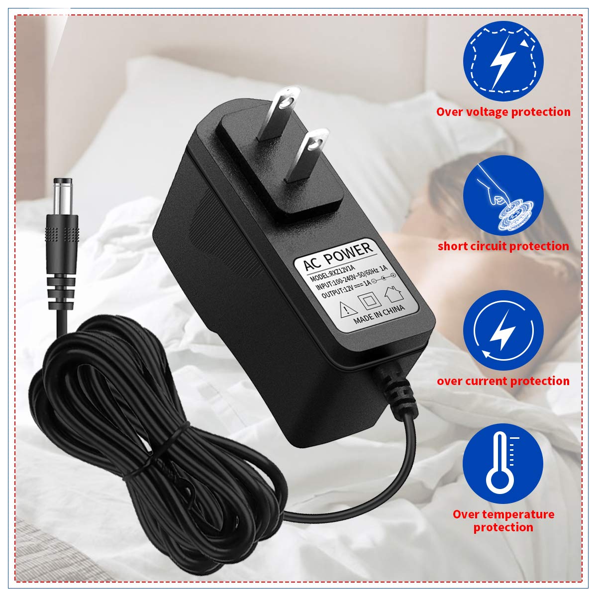 (AC zu DC 10ft Kabel)110-240V AC zu 12V DC 1A Netzteil für Überwachungskamera