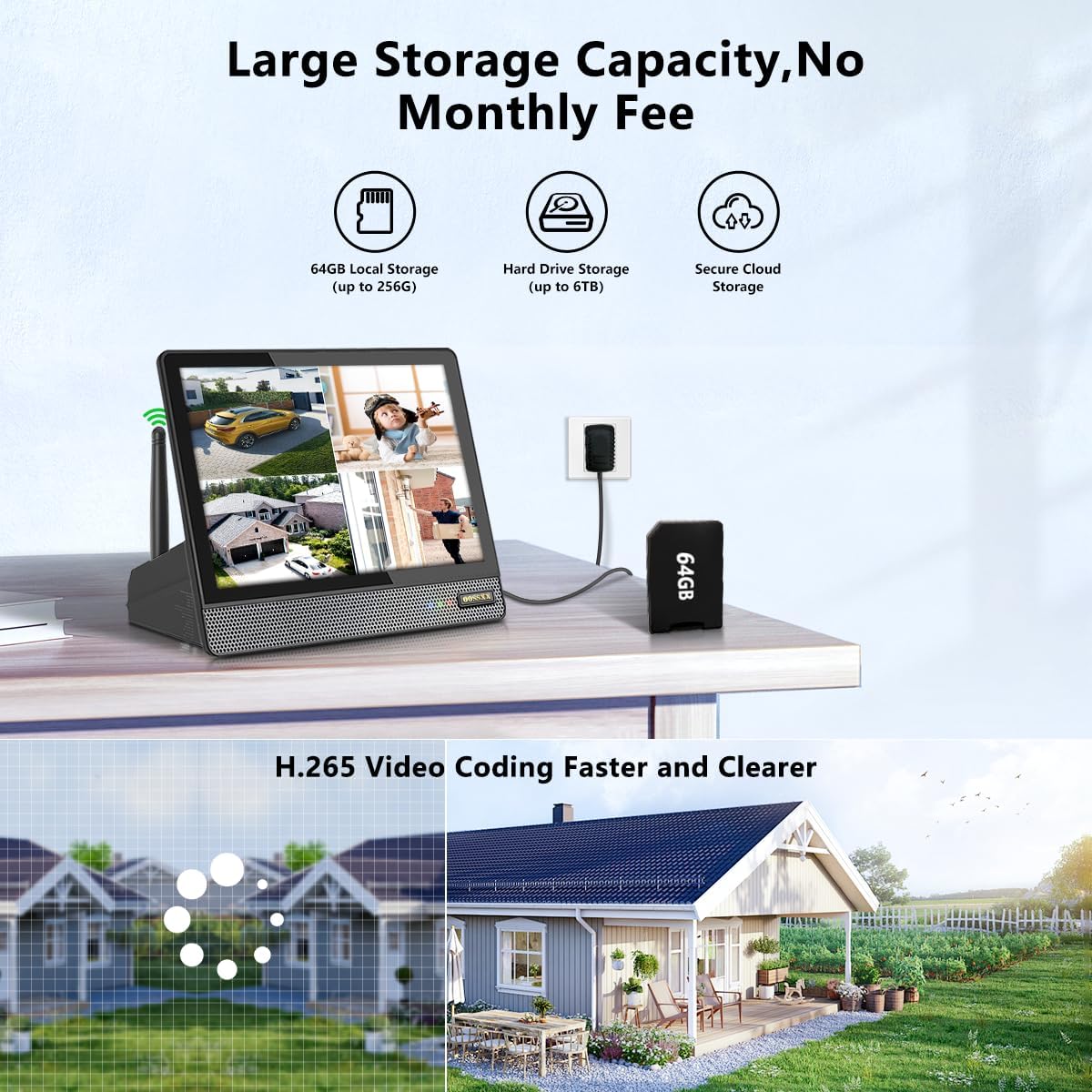 OOSSXX (Solar Power Battery 100% Wire-Free) All-in-one Monitor 2-Way Audio Solar Powered Security Camera System with Monitor Outdoor Wireless Home Security System WiFi Cameras Surveillance Systems