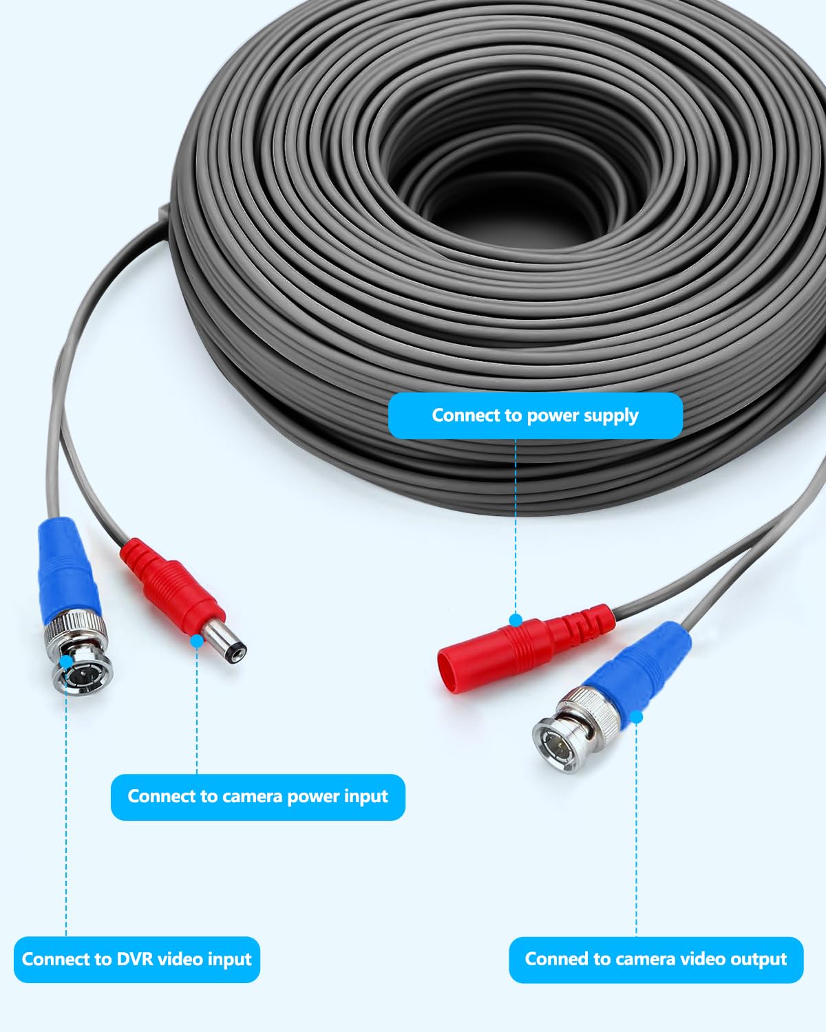 OOSSXX Video Power Cable BNC Extension All-in-One Cables for CCTV Security Cameras, Outdoor Wired Surveillance Camera DVR System with 4xBNC Connectors and 4xRCA Adapters 4 Pack 100 Feet, Grey