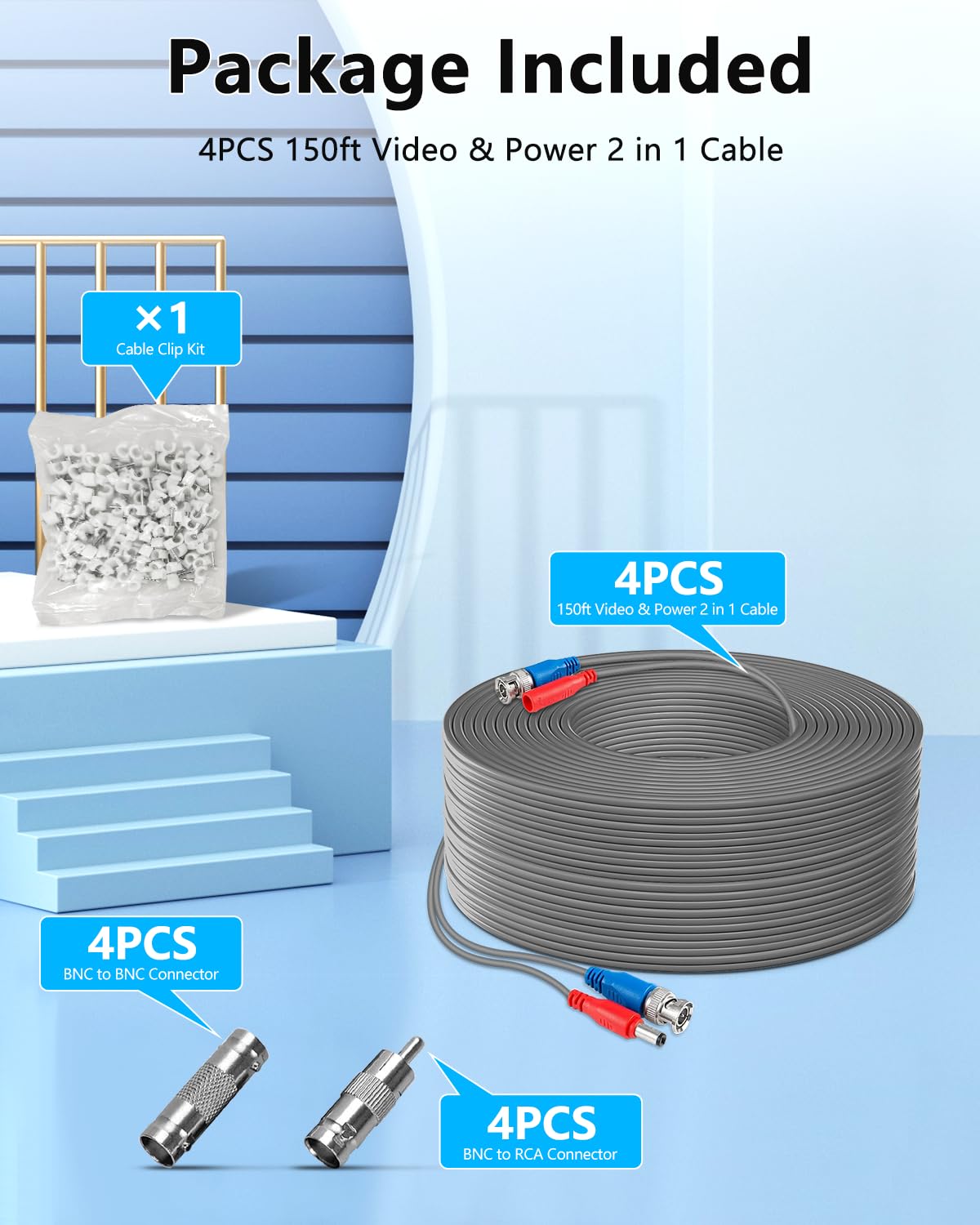 OOSSXX 4 x 60 Fuß Ethernet-Kabel PoE Videosicherheitsnetzwerkkabel Überwachung PoE-Sicherheitskamerasystem