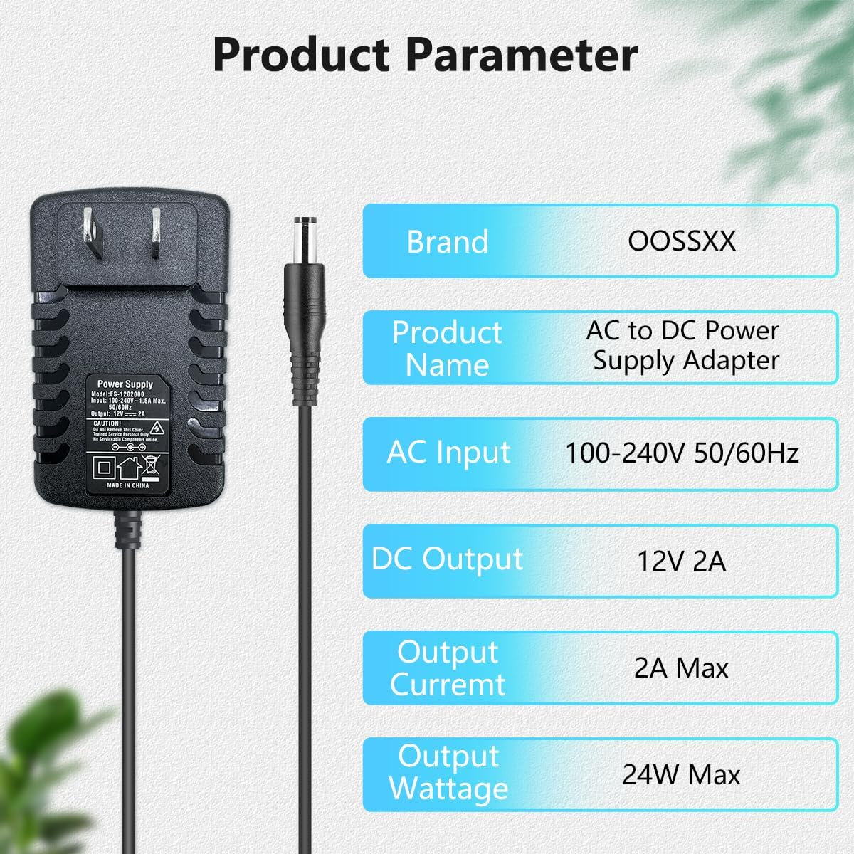 OOSSXX AC 100-240V to DC 12V 2A 2000MA Power Supply Adapter Transformer Charger Wall Plug for CCTV Camera, DVR, NVR, Home Security Camera Surveillance System, LED Light Strip (3.3Ft Cord, 24 Watt Max)