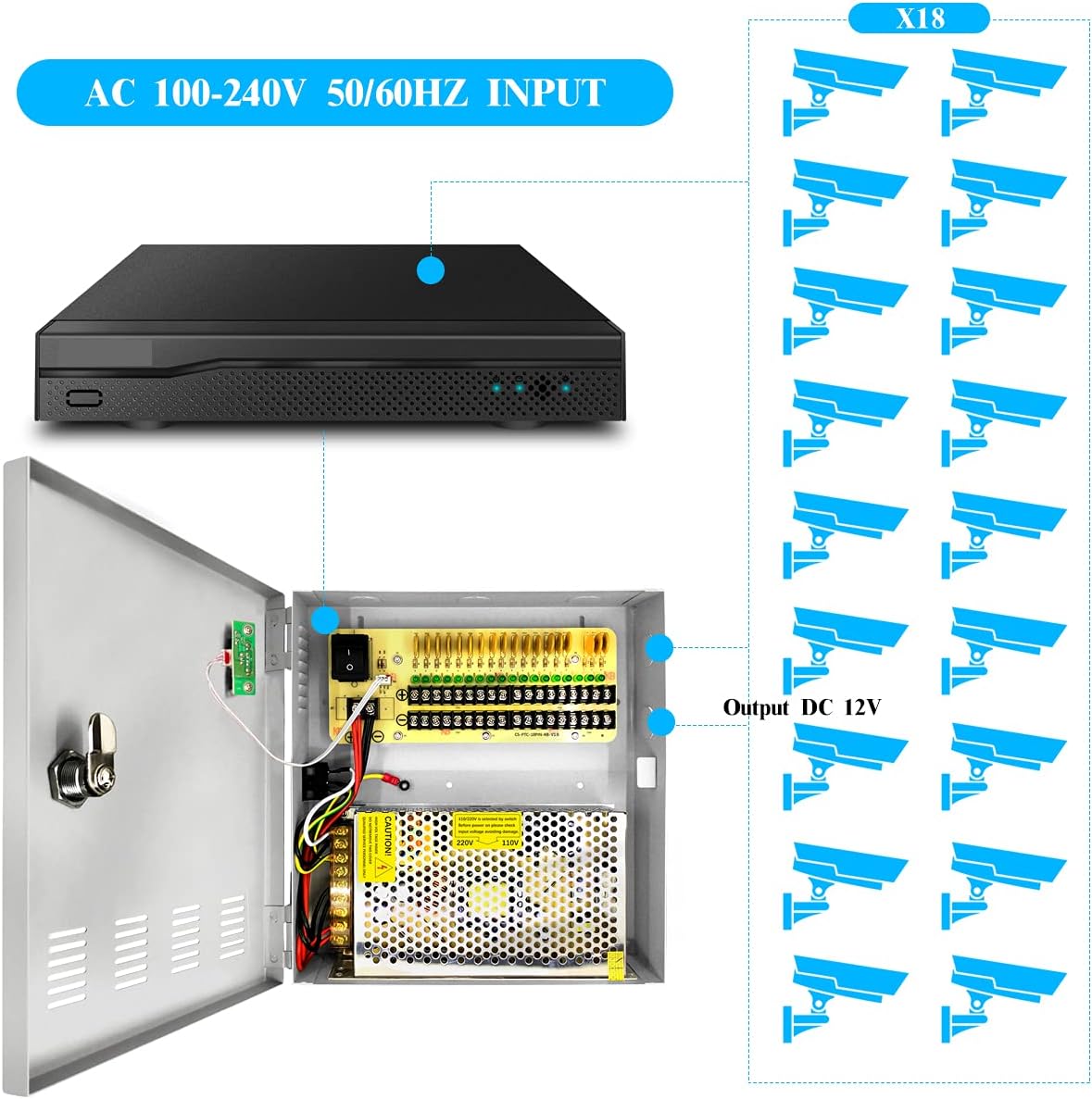 18-Kanal, 12 Volt DC-Ausgang, 20 A, CCTV-Verteilnetzteilbox für Überwachungskameras mit AC-Stecker und Schloss für Überwachungskameras, DVRs, CCTV-Stromversorgung (20 A, 18 Kanäle)