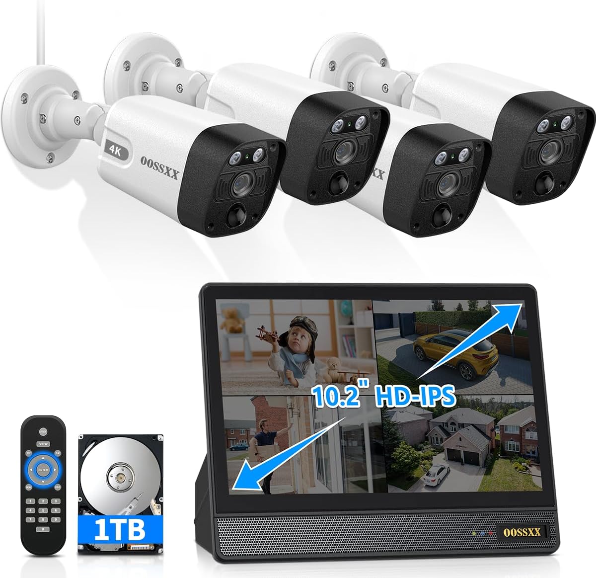 OOSSXX (All-in-One 10.1" IPS 8MP Monitor) 2-Way Audio PoE Outdoor Home Security Camera System Wired Outdoor Video Surveillance IP Cameras System (Enjoy $10 Off Instantly)