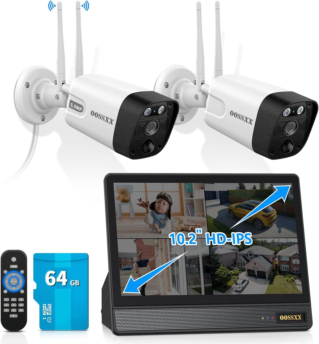 OOSSXX (10’’ UHD Monitor) 2-Way Audio 2-Antennas Enchance WiFi Wireless 5MP PIR Outdoor Camera Wireless Home Security Cameras System with Monitor Indoor Video Surveillance DVR Set (Enjoy $10 Off Instantly)