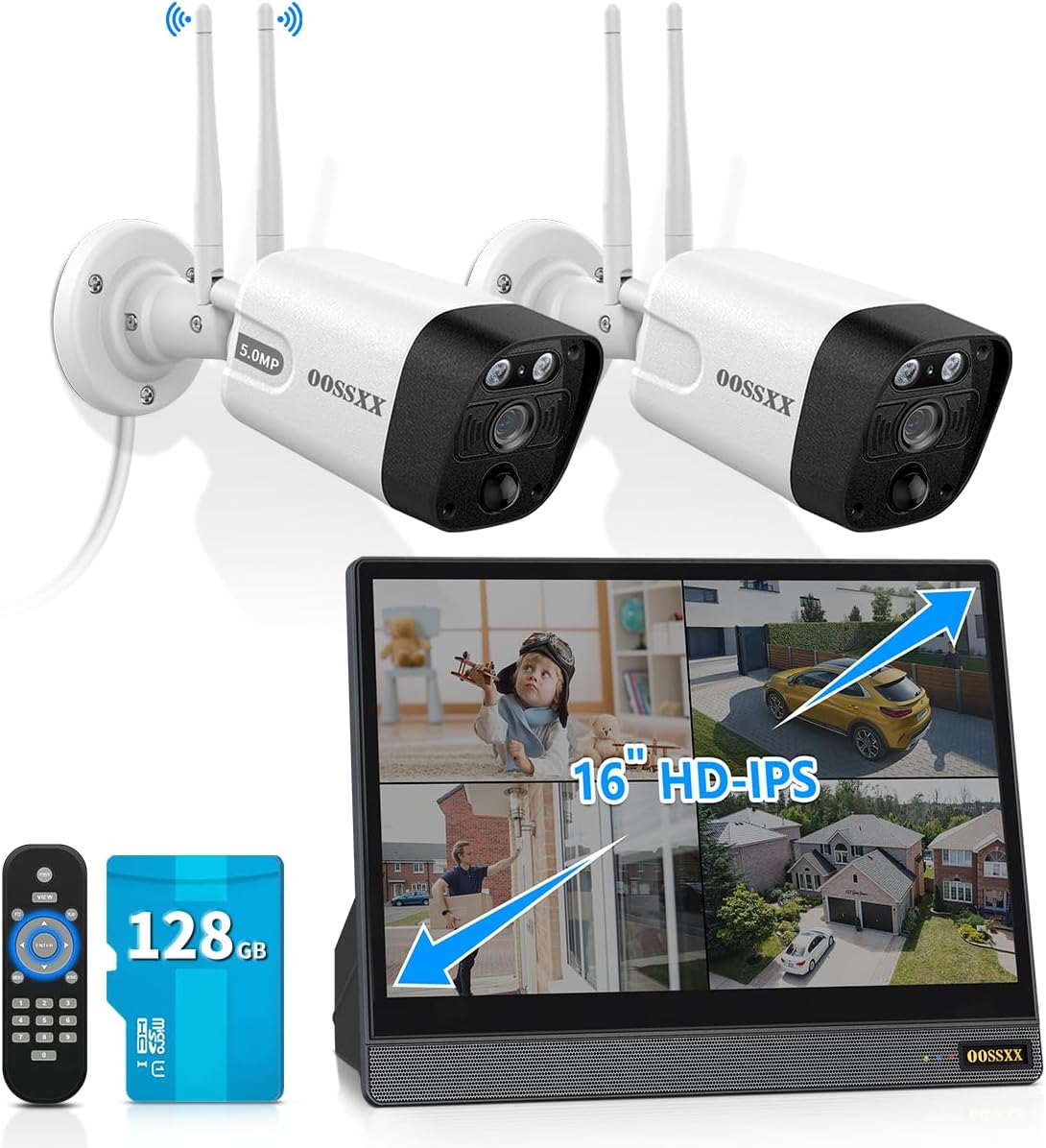 (16-Inch IPS UHD Monitor) 2-Way Audio Dual Antennas Enchance WiFi Wireless 5MP PIR Outdoor Camera Wireless Home Security Cameras System with Monitor Indoor Video Surveillance Alarm (Enjoy $10 Off Instantly)