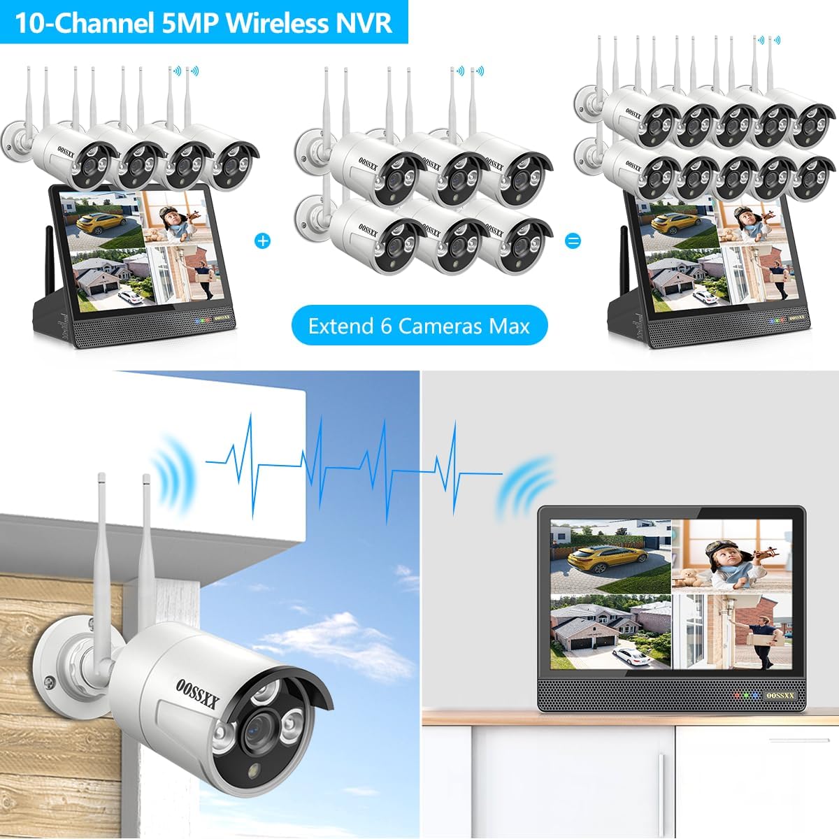 OOSSXX (5MP 10CH All in One NVR) 10.1'' LCD Monitor for Home Security Cameras Wireless Outdoor Security Camera System,WiFi NVR Network Surveillance Video Recorder Indoor House Alarm