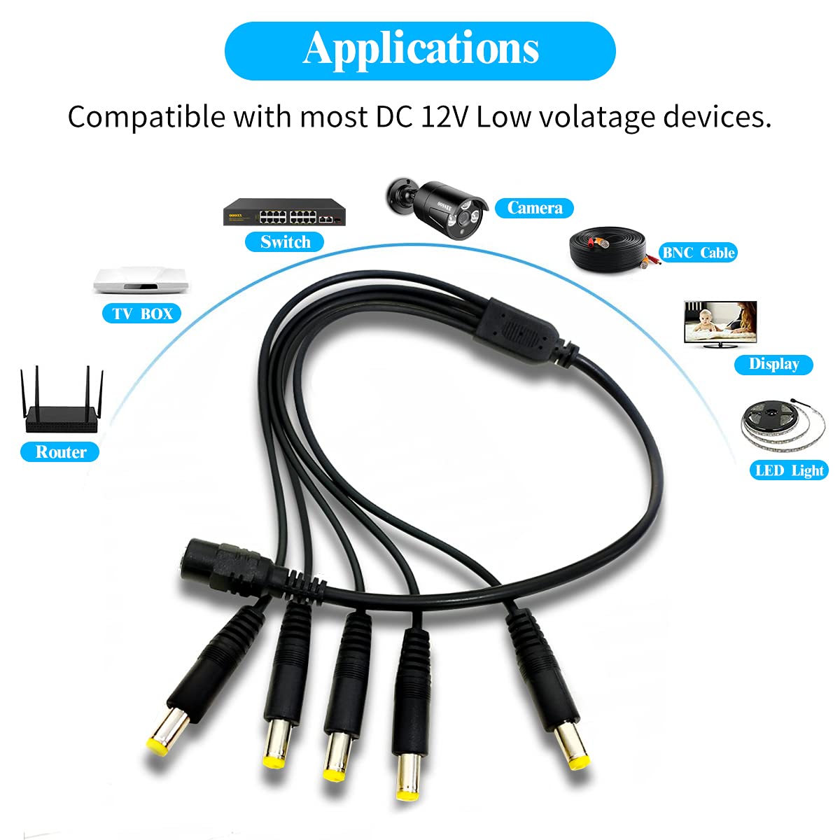 DC-Stromverteilerkabel, 1 Stecker auf 5 Ports, weiblich, 5,5 x 2,1 mm Stecker