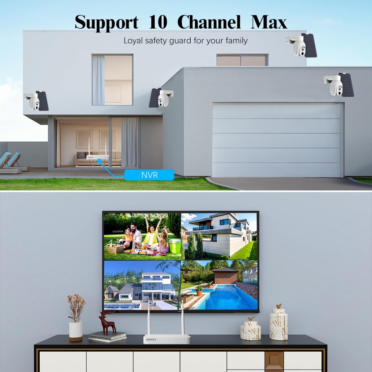 OOSSXX (PT Digital Zoom 100% Wire-Free) 2-Way Audio Wireless Solar Cameras, Solar Battery PIR Detection Outdoor Wireless Security Camera System Video Surveillance System