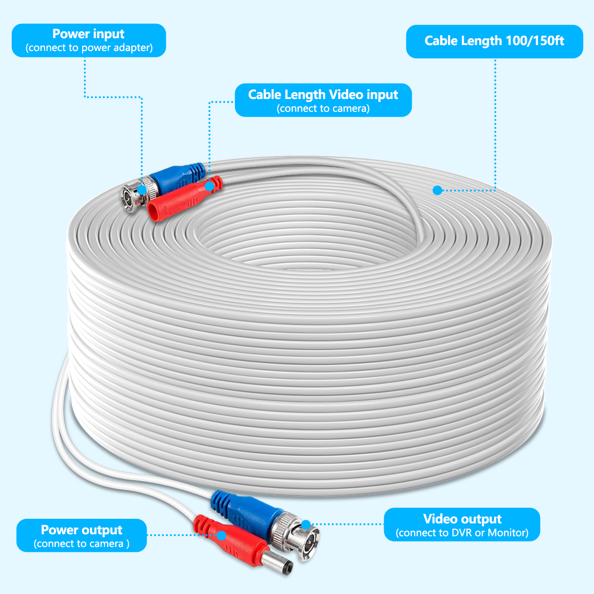OOSSXX 4 Pack 100 Feet Video Power Cable BNC Extension Outdoor Wired Surveillance Camera All-in-One Cables for CCTV Security Cameras DVR System with 4xBNC Connectors and 4xRCA Adapters