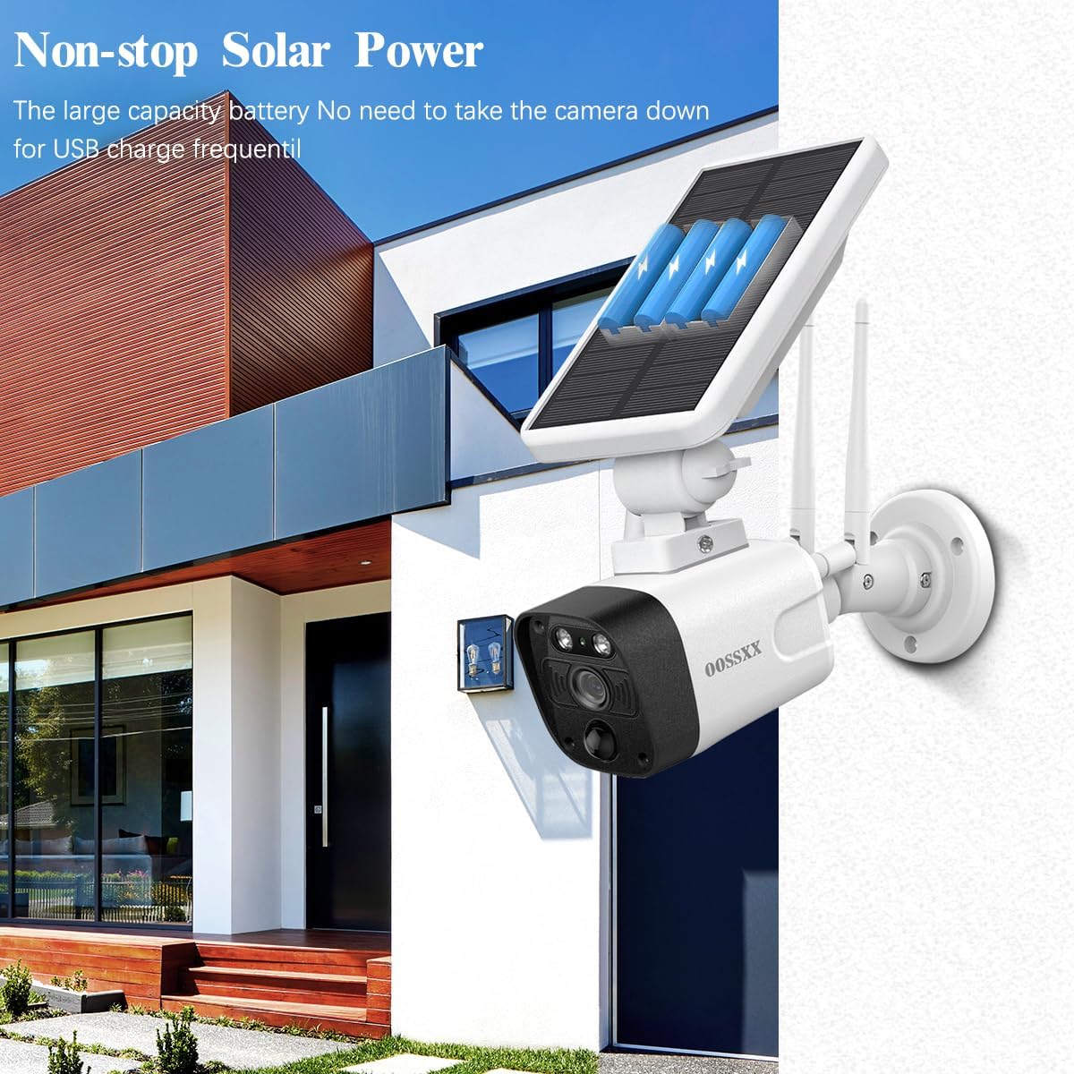 OOSSXX (100% Wire-Free Wireless Solar Cameras) 2-Way Audio 2-Antennas Enhance Battery Outdoor Wireless Security Camera System WiFi Battery Video Surveillance System