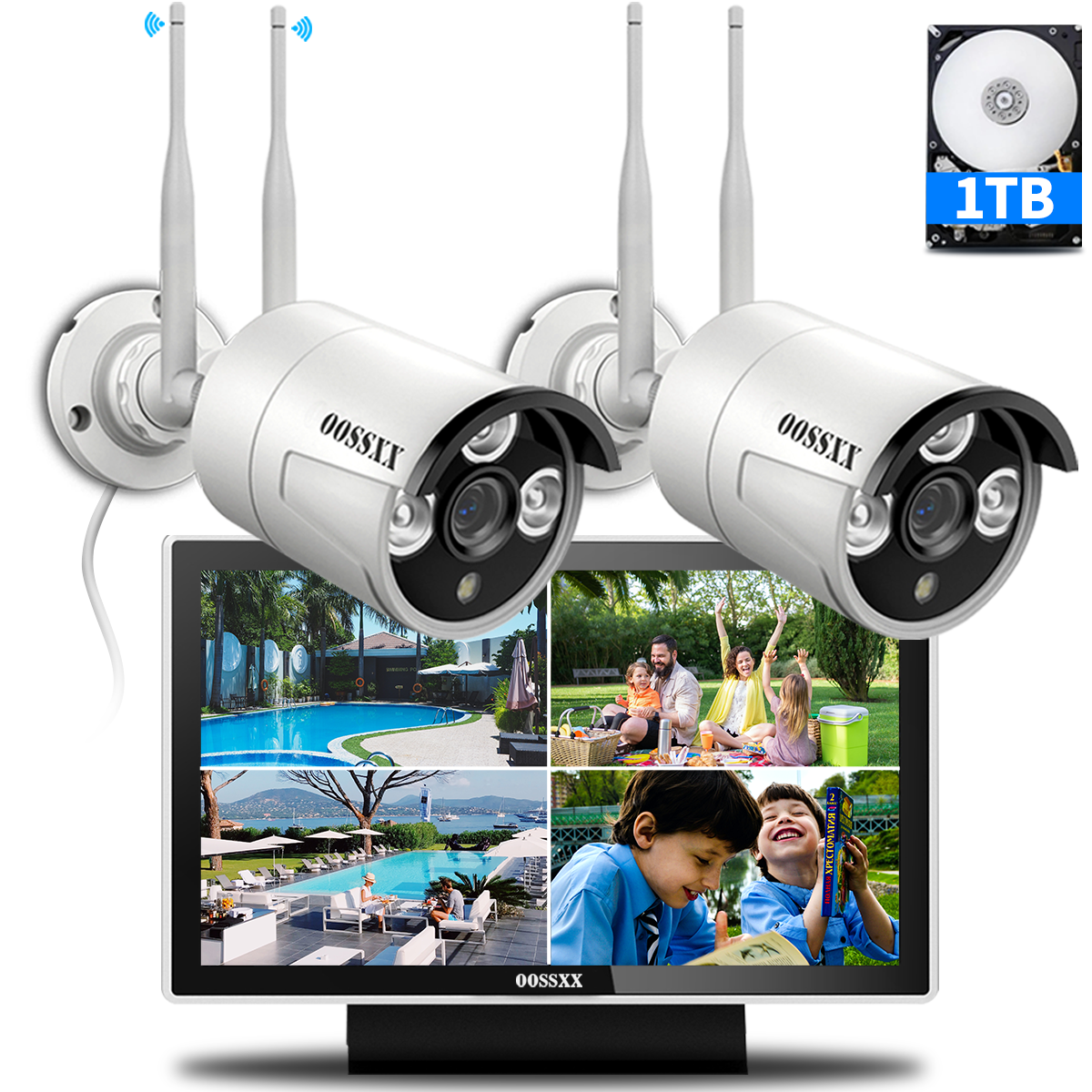 (All-in-One Monitor) 2-Antennas Enchance Outdoor Security Camera System Wireless with Monitor WiFi Home Surveillance System 3.0MP Video Surveillance (Enjoy $10 Off Instantly)