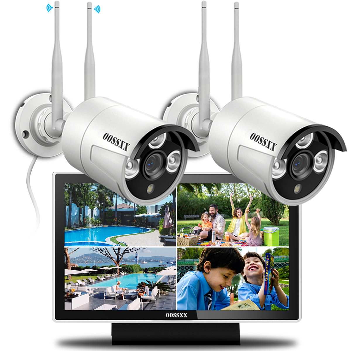 (All-in-One Monitor) 2-Antennas Enchance Outdoor Security Camera System Wireless with Monitor WiFi Home Surveillance System 3.0MP Video Surveillance (Enjoy $10 Off Instantly)